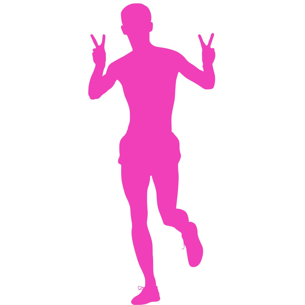Pink cartoon runner giving peace sign with hands. 